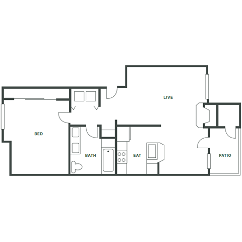 Floor plan for 1 bed, 1 bath, 725 sqft